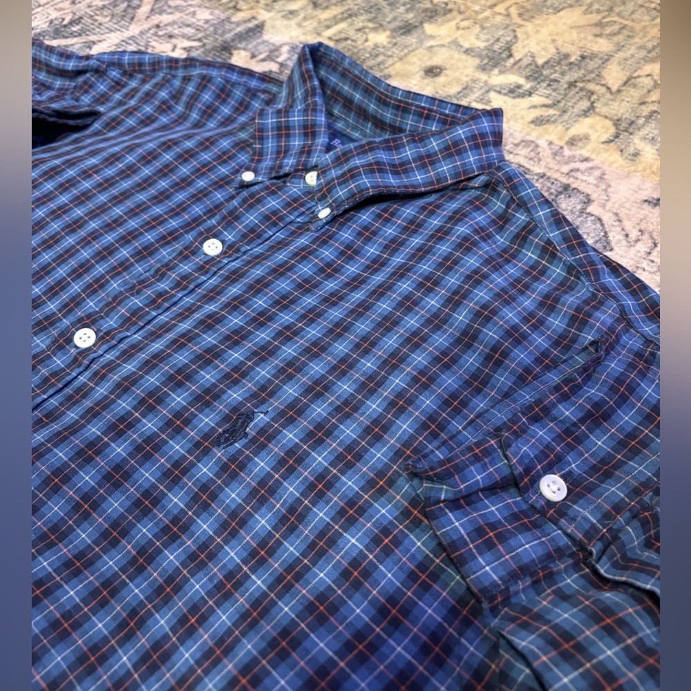 Ralph Lauren Button Shirt Men's XL Blue Plaid Linen Causal Classic Preppy